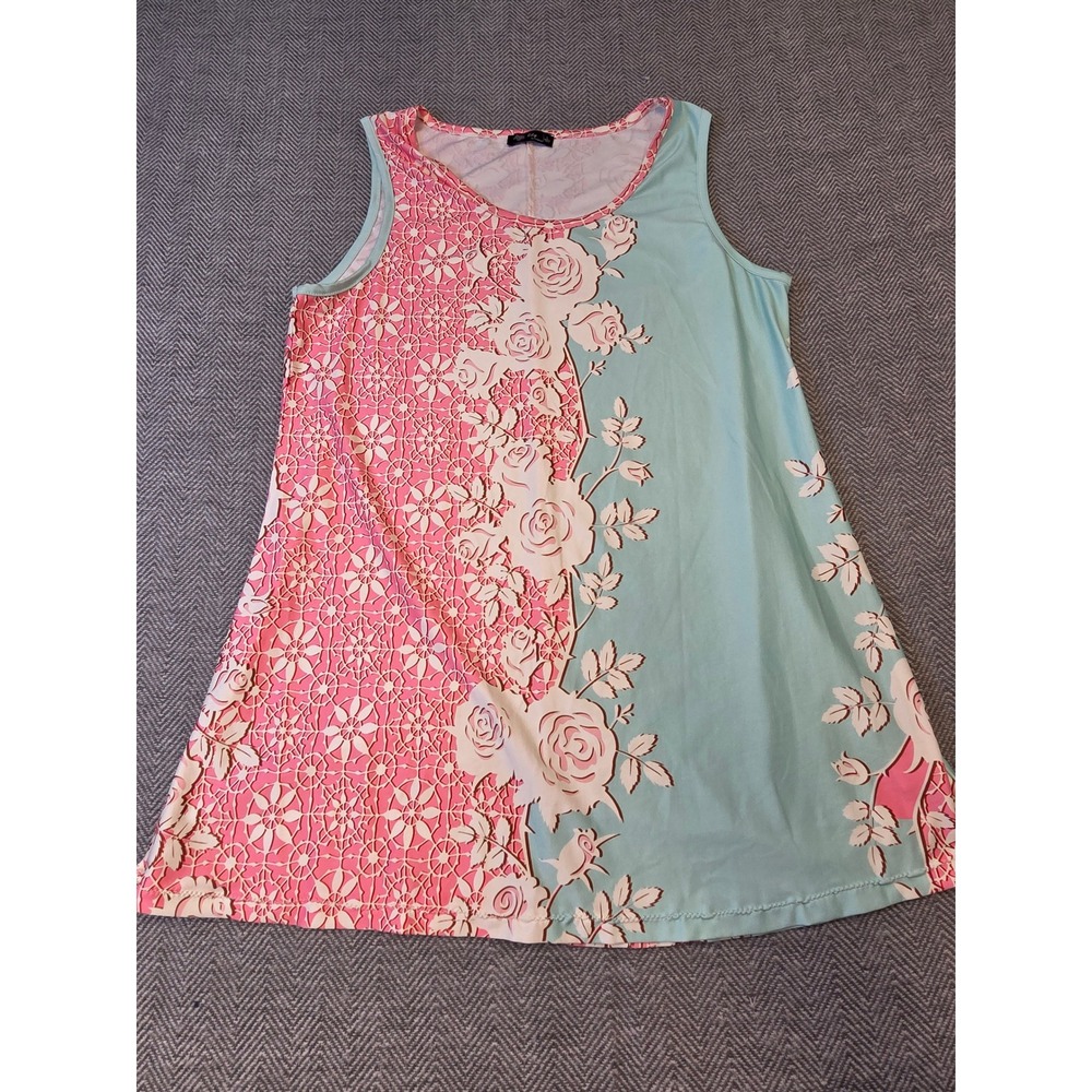 Lily By Firmiana Tunic Top Womens L Pink Blue Floral Lattice Sleeveless Pullover
